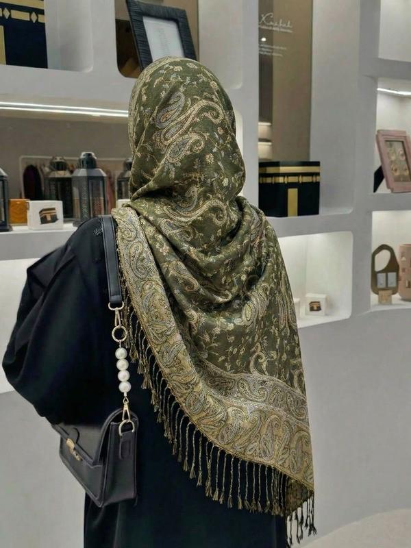 Women's Luxury Paisley Embroidered Shawl Scarf, Boho Style Shawl, Boho Jersey Hijab with Long Fringe, All Seasons Elegant Comfort Wrap Women's Luxury Paisley Embroidered Shawl Scarf, Boho Style Shawl, Boho Jersey Hijab with Long Fringe, All Seasons Elegant Comfort Wrap