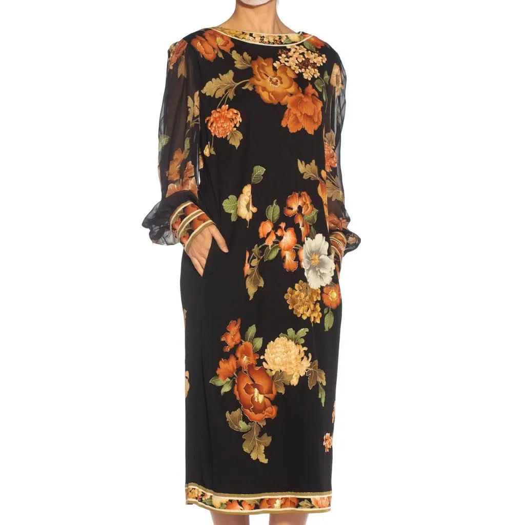 1980S LEONARD Black & Brown Silk Jersey Dress With Chiffon Sleeves Belt