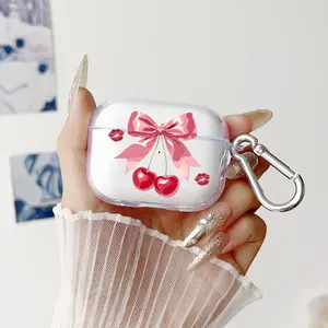 Cherry Bow Pattern Protective Case for AirPods 4/3/2/1/Pro/Pro2 Soft TPU Earphone Cover, Transparent with Keychain