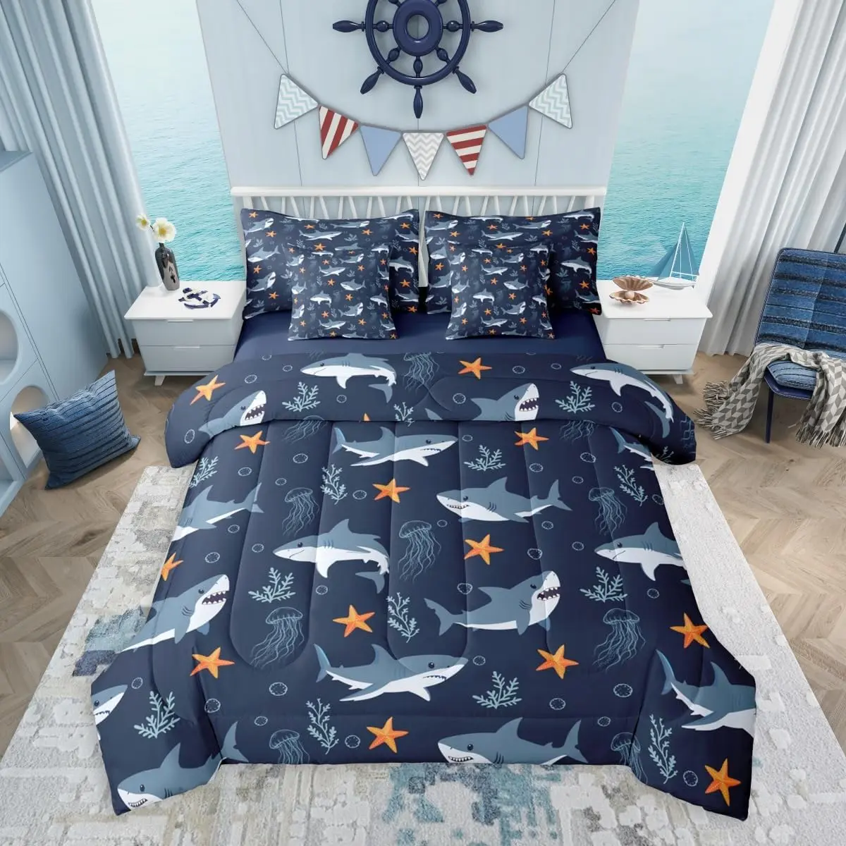 Shark 7 Pieces Bedding Set,Cute Shark Fish Bed in a Bag,Starfish Jellyfish Bed Set Includes Comforter,Sheet Set,Pillowcases & Pillow Covers,Marine Sealife Bedroom Decor