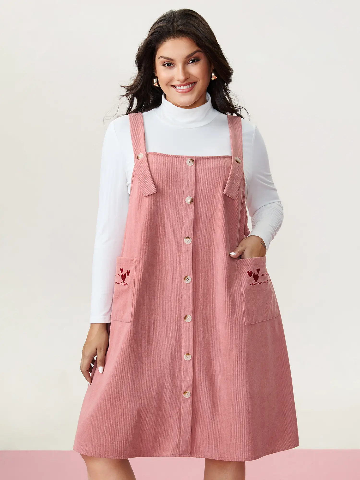 BloomChic Preppy Casual Polyester Fabric Pinafore with a Square Neck, Button Straps and Heart Detail Pocket, Garment, Bean Paste Powder, Embroidery Detail