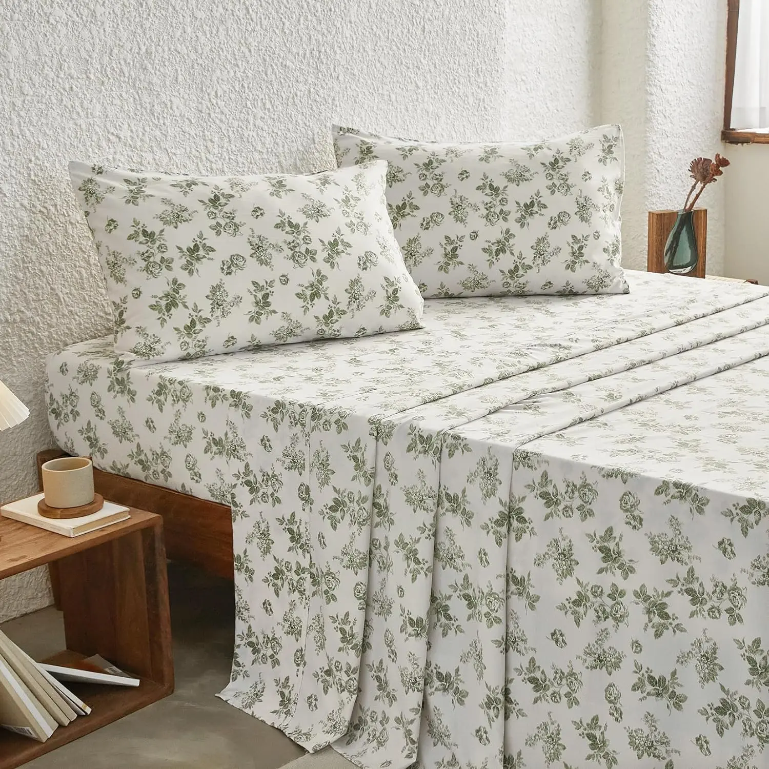 - Shabby Chic Bed Sheets, 4- Sheet Set, Floral Botanical  Cottagecore Vtage Flower, Soft Microfiber Deep Pocket Beddg, Sage Green,  Size