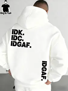 Men's Casual Plus Size Fitted Long Sleeve Letter Print Fleece Hoodie, Comfortable Hooded Sweatshirt for Daily Wear, Stylish Winter Clothing