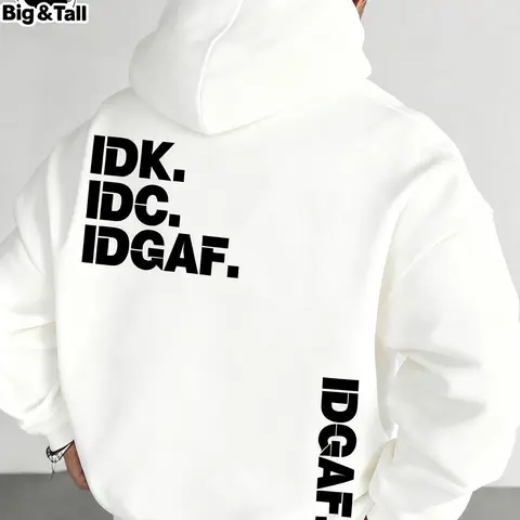 Men's Casual Plus-Size Slogan-Print Fleece Long-Sleeve Hoodie Sweatshirts, Comfortable Pullover for Daily Wear & Winter Streetwear