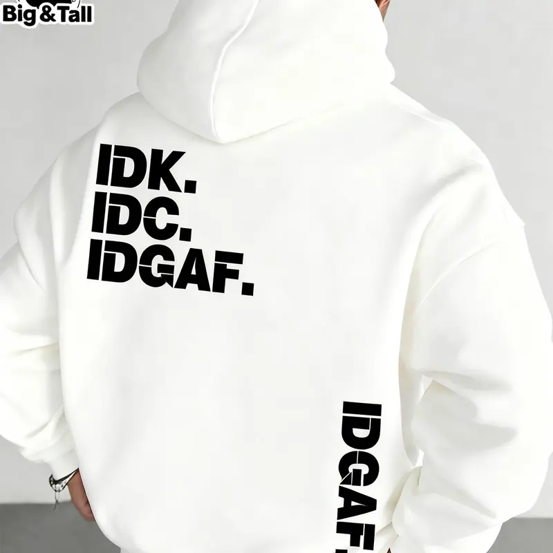 Men's Casual Plus-Size Slogan-Print Fleece Long-Sleeve Hoodie Sweatshirts, Comfortable Pullover for Daily Wear & Winter Streetwear