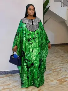 Elegant Women's Dress with Blue Print and Sequins, High-End Kaftan Boubou, Traditional Long Robe, Party Wedding Festival Gown
