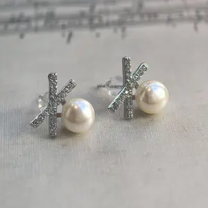 X-Shaped Zircon Pearl Stud Earrings |  Minimalist Letter Earrings