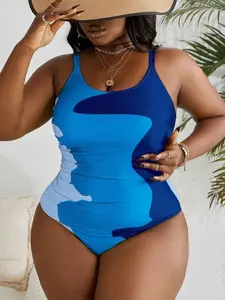 Plus Size Color Block Ruffle One-Piece Swimsuit - Summer Beach Vacation