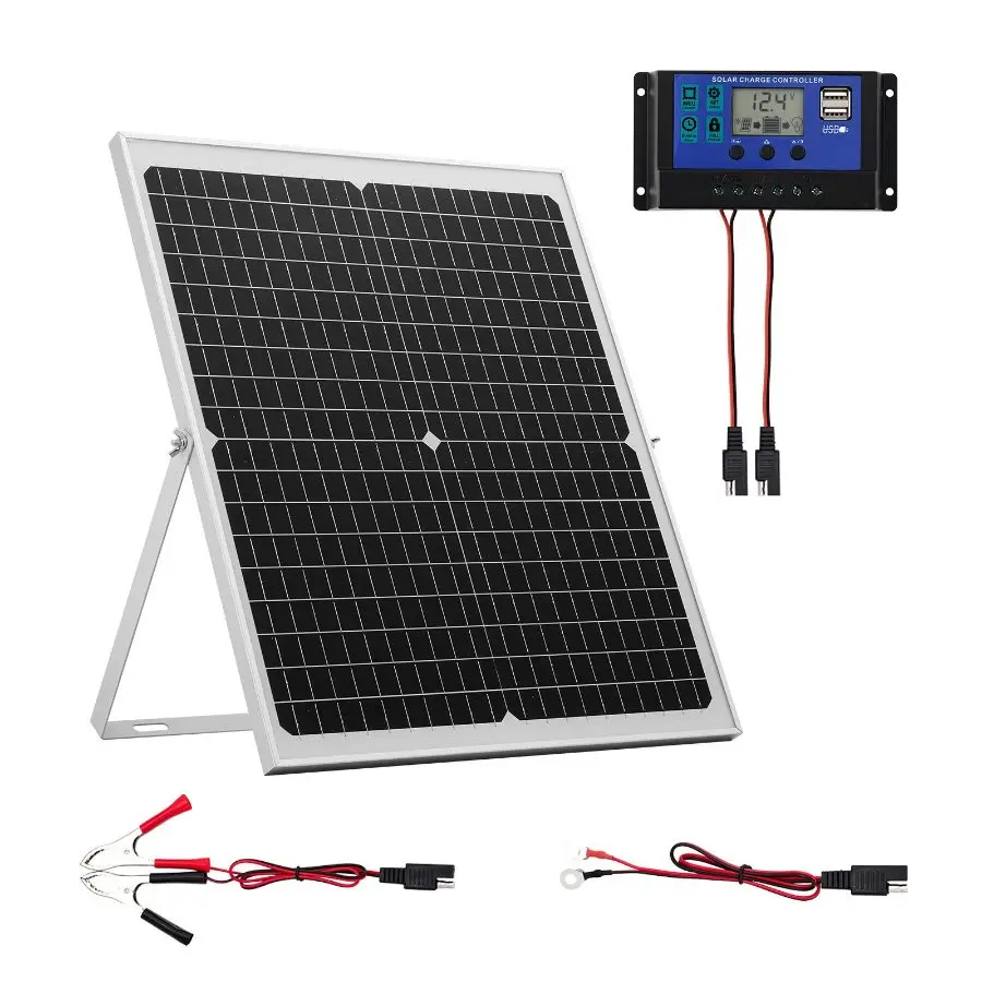 VEVOR 30W 12V Solar Panel Battery Charger, Solar Battery Trickle Charger Maintainer with Intelligent MPPT Controller Adjustable Mount Bracket, IP67 Waterproof for Car Boat RV Motorcycle Trailer