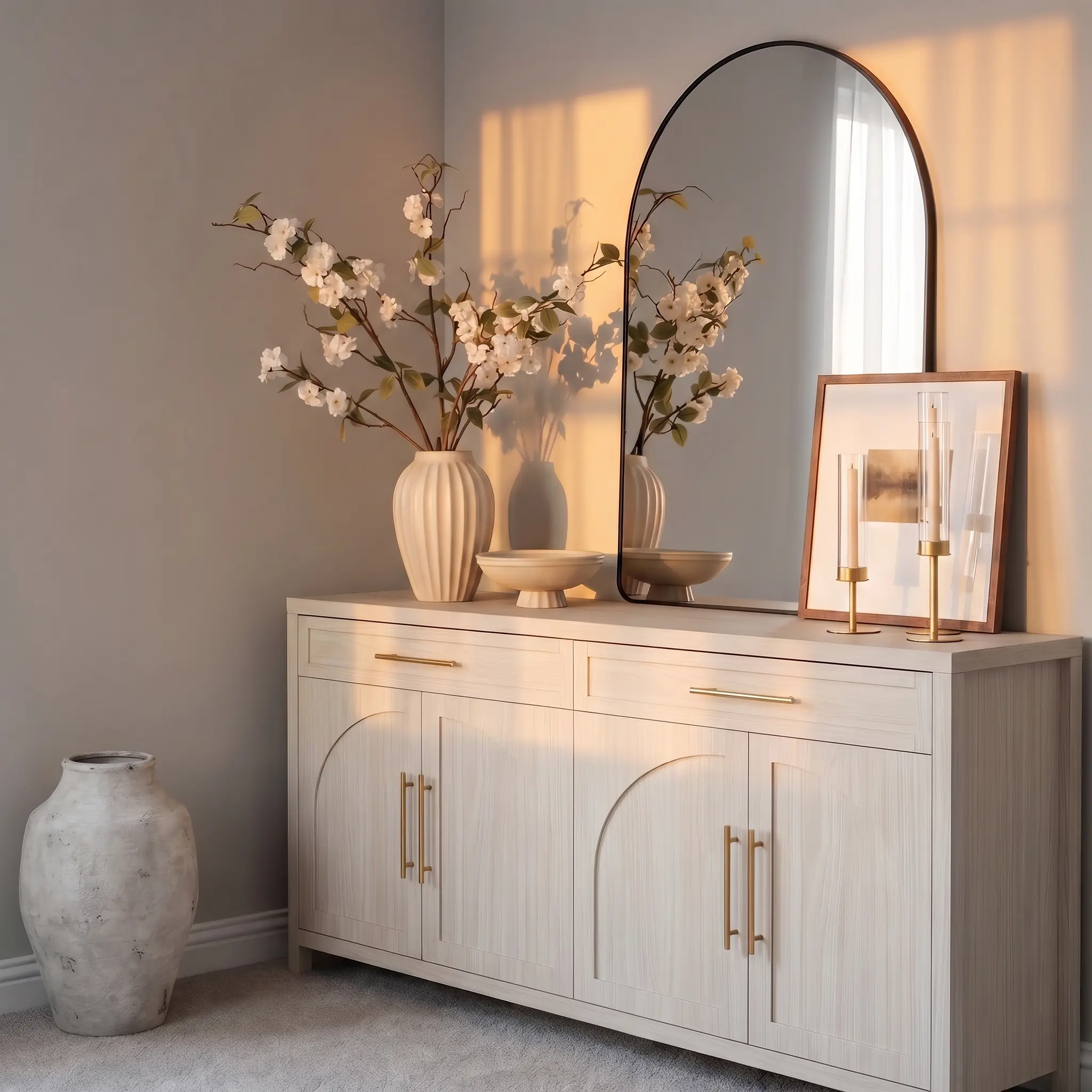 ABCASA Indoor Freestanding 4-Door Modern Credenza, 55" Mid-Century Farmhouse Storage Cabinet with Adjustable Shelf, Arched Woodwork, Natural Wood Texture, Extra Drawer, Acrylic Gold Hardware, High Weight Capacity for Dining Room