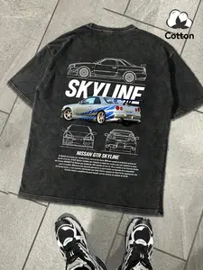American Vintage Washed Cotton T-Shirt, Nissan Gtr Car Print Loose Street Style Unisex Short Sleeve Top, Summer Long Clothing