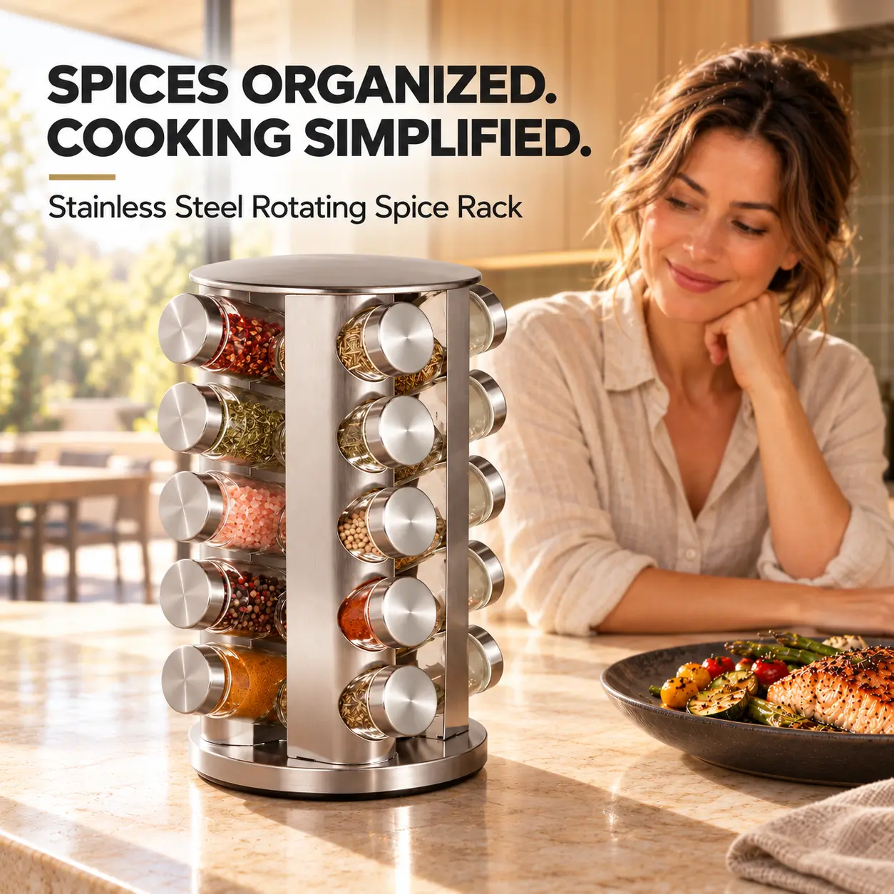 New England Stories 20-Jar Stainless Steel 360° Rotatable Spice Rack Organiser, 360° Revolving Spice Rack Tower for Kitchen Countertop, Cabinet or Pantry, Space-Saving Seasoning Organizer with Reusable Labels, Funnel and Marker