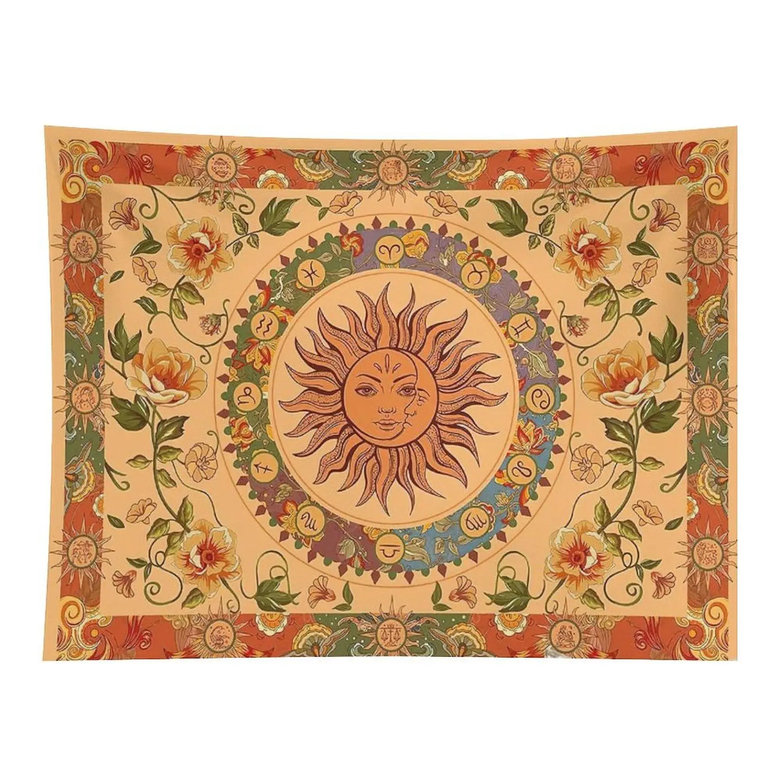 Boho Sun Zodiac Tapestry Floral Astrology Wall Hanging, Celestial Mandala Tapestry for Bedroom Living Room Decor