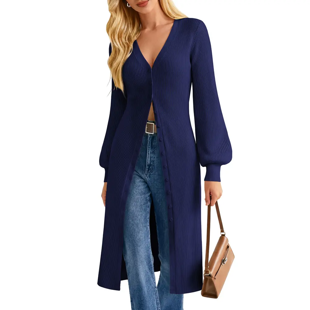 GRACE KARIN Women's Modest Long-Sleeve Knit Cardigan, Casual Basic V-Neck Button-Up Tops, Maxi Outerwear