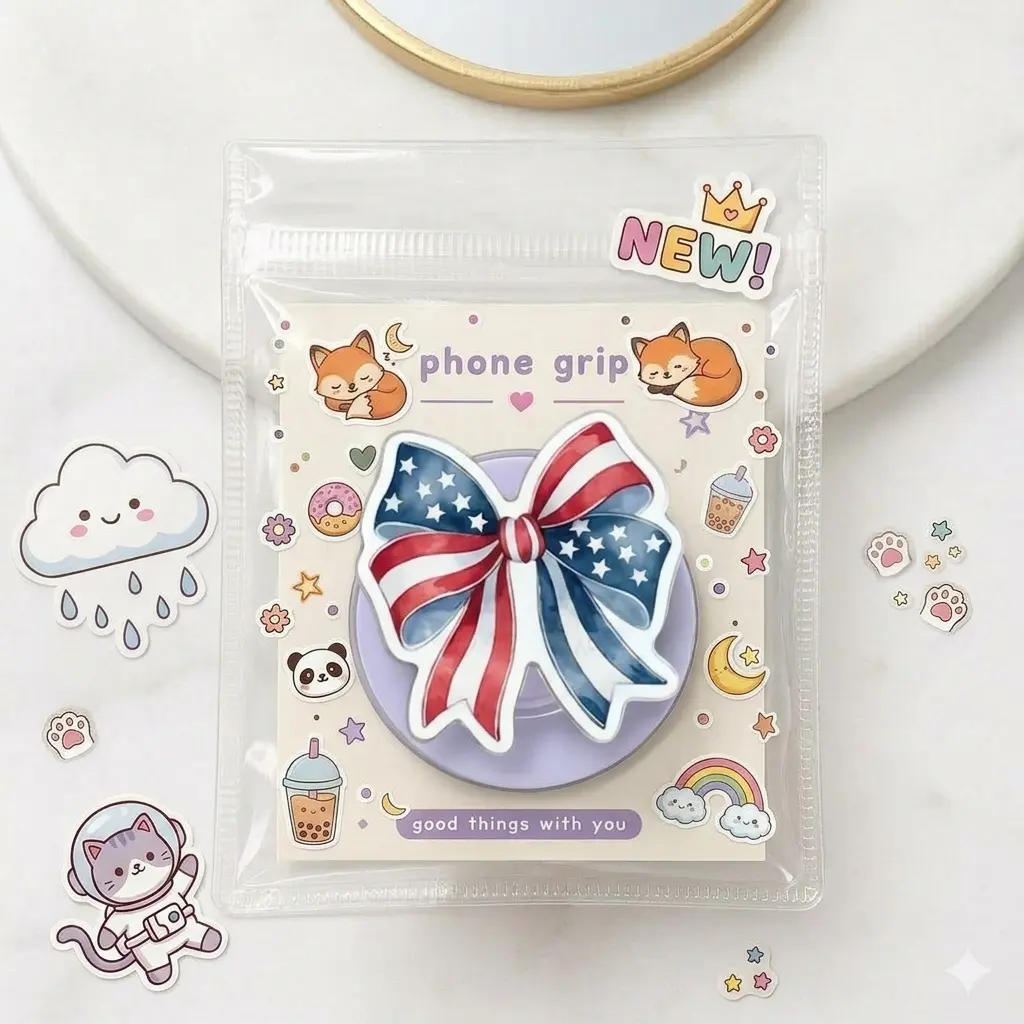 USA Flag Bow Magnetic Phone Holder – Independence Day Patriotic Phone Grip, Cute Red White Blue PopSocket