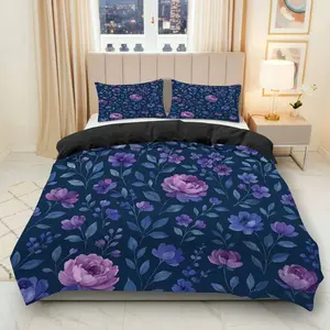 3PCS Duvet Cover Set, 1 Duvet+2 Pillowcases(Without filler), Floral Elegant Dark Blue Purple theme, Christmas bedding set, Luxury Soft Comforter Set Suitable for decoration Bedroom Hotel Guestroom Home.