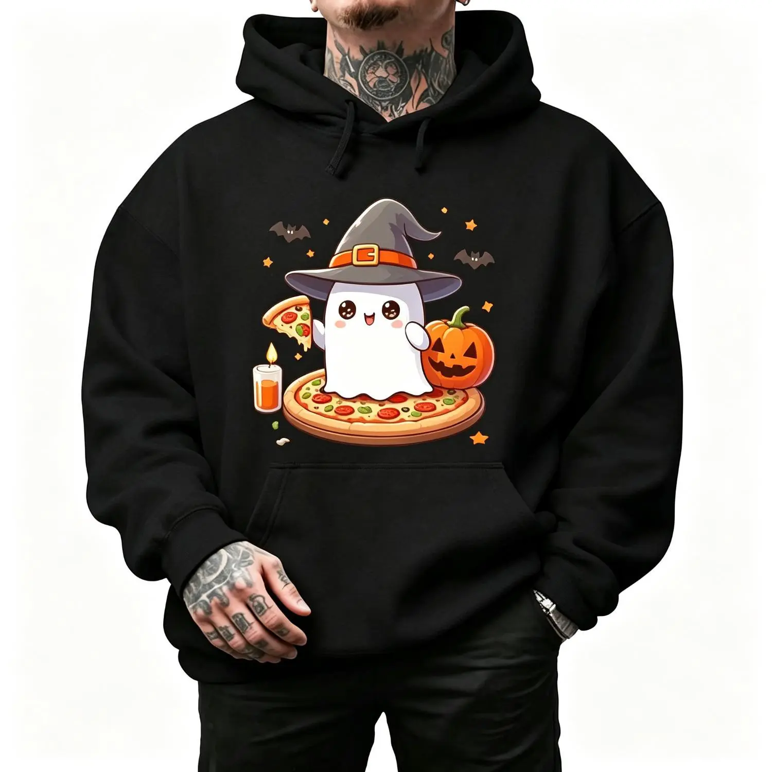 Cute Pizza Slice Chest Pocket Design All Season Casual Hoodie Sweatshirt for Parties Sports Costume Mens Creative Printed Streetwear