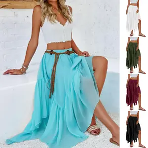 FMEYOA Womens Summer Boho Maxi Skirt Casual Asymmetric High-Low Hem Flowy Bohemia Long Skirt