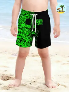 Children Pixel Beach Shorts, Game Style Patchwork Quick-Dry Casual Shorts, Slim-Fitting Drawstring Waist, All over Print