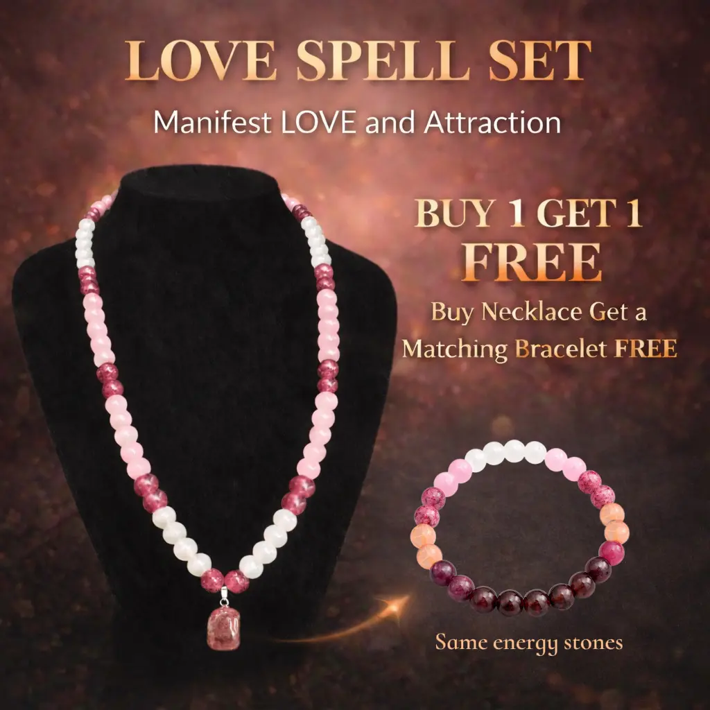 Women's Romantic Crystal Beaded Natural Stone Costume Jewelry Set - Love Spell Energy Stones for Attraction, Warmth, Relationships, Open Design, Buy 1 Get 1 Free Necklace & Beaded Bracelet Set, Manifest, Women's Matching Sets
