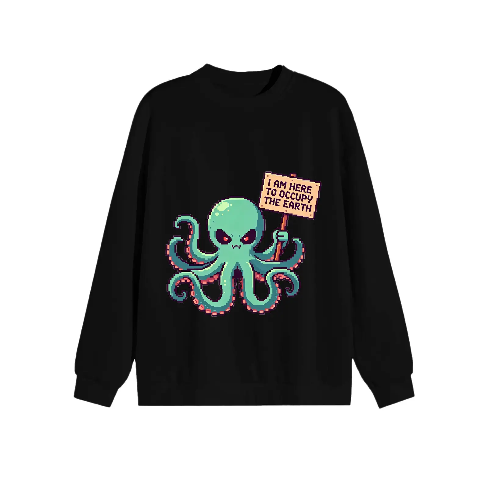 Men's Pixel-Style Octopus Alien Print Sweatshirt, Loose Fit, Casual Long Sleeve Round Neck Top
