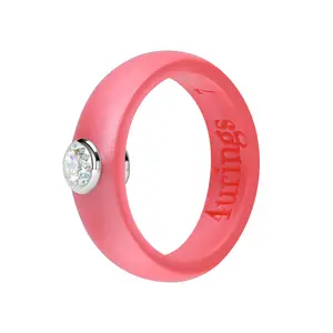 Metallic Pink Matching Silicone Rings With Rhinestone for Couples - Silicone Wedding Bands for Her Rubber Rings