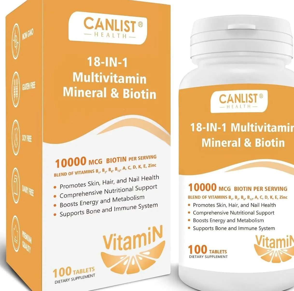 Hair Skin and Nails Multi-Vitamin for Men & Women, 10000mcg Biotin & Multimineral, Contains B-Vitamins, Vitamins C, E & D3, Trace Minerals, Zinc, Gluten-Free, Dairy-Free, Soy-Free, 100 Tablets
