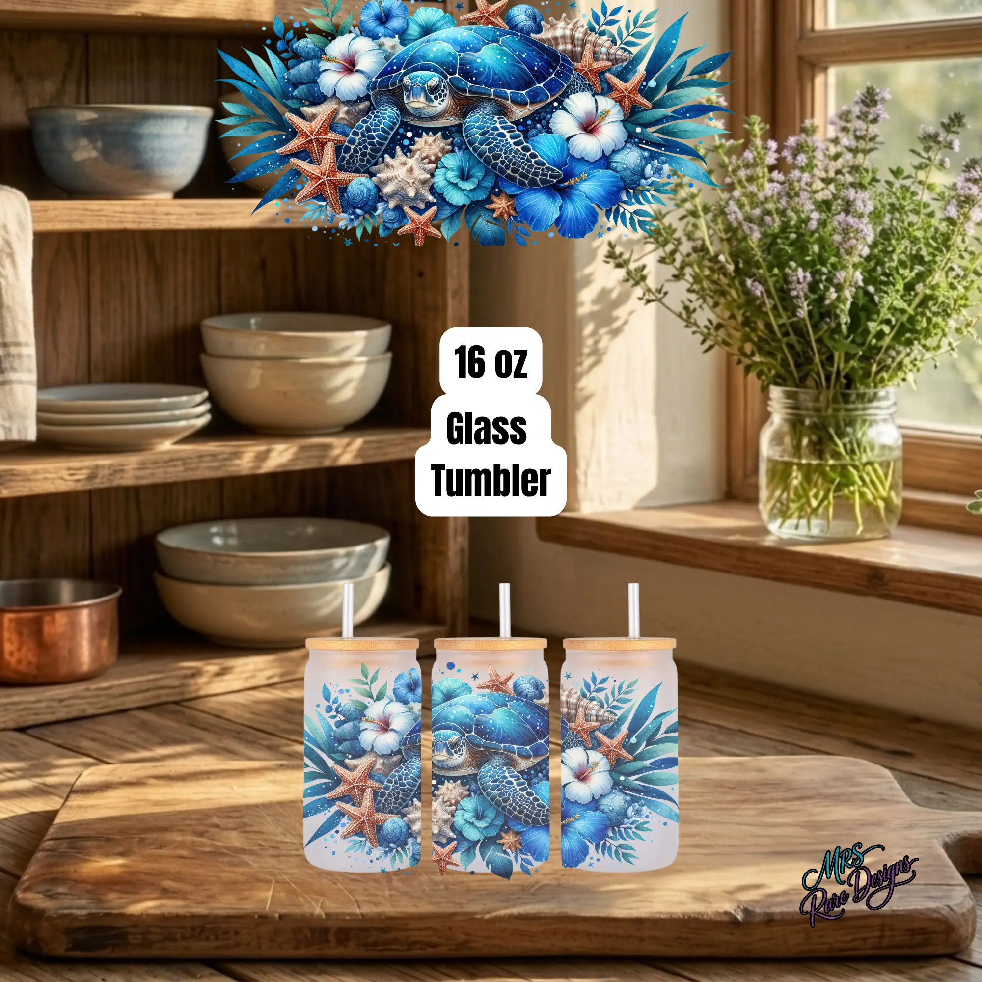 "Tidal Bloom" Sea Turtle 16 oz Frosted Glass Tumbler