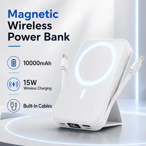MREGB 10000mAh Magnetic Power Bank. 22.5W Fast Wireless Portable Charger with Built-in 3 Cables & Foldable Stand. Mag-Safe Battery Pack with LED Display for iPhone 17-12 Series & Android.