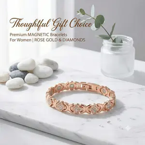 99.99% Pure Copper Magnetic Bracelets for Women, 3800 Gauss Strong Neodymium Therapy Bangle, Rose Gold Plated Lucky Clover Link Wristband with AAA+ Crystal Zirconia, Hypoallergenic Nickel-Free Jewelry, Anniversary Birthday Gift for Her
