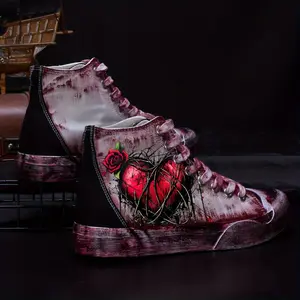 Men'S High-Top Canvas Sneakers, Casual Street Fashion Shoes, Halloween Valentine'S Day Blood Heart Rose Pattern, Graffiti Hand-Painted Series, Outdoor Leisure Footwear, Lace-Up Closure, Unisex, Round Toe, All-Season, for Hiking & Casual Wea  Closed Boy Tr