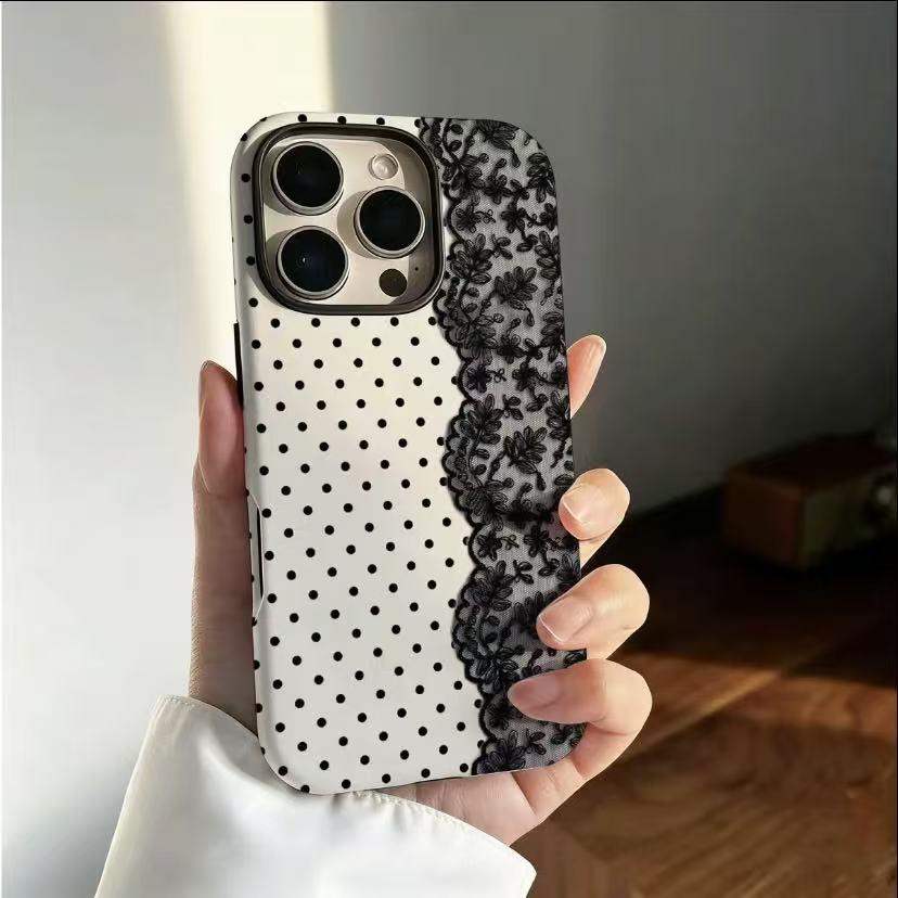 Black Polka Dot Lace Print Pattern Phone Case IMilitary-grade Shockproof Protection, Compatiblewith iPhone 17 Pro Max 16 15 14 13 12 11 X Plus/Pro & Samsung Galaxy I Affordable ToughAnxiety Phone Case for Girls