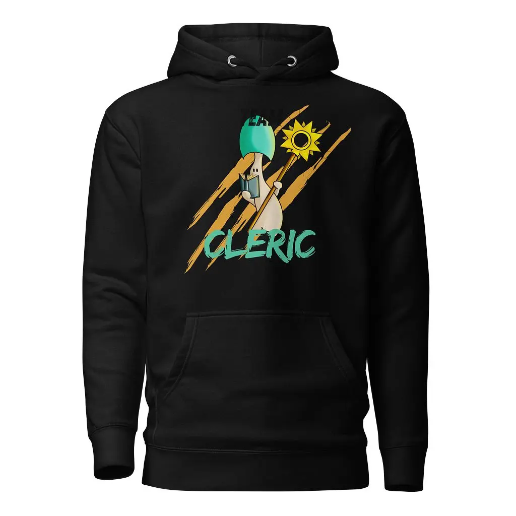 DnD Team Cleric Hoodie - Black Casual Long Sleeve Fitted Pullover with Mushroom Design & Front Pocket for Gamers & Healers