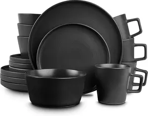 Celina Stoneware 16 Piece Dinnerware Set, Plates and Bowls, Black Matte Dish, Service for 4
