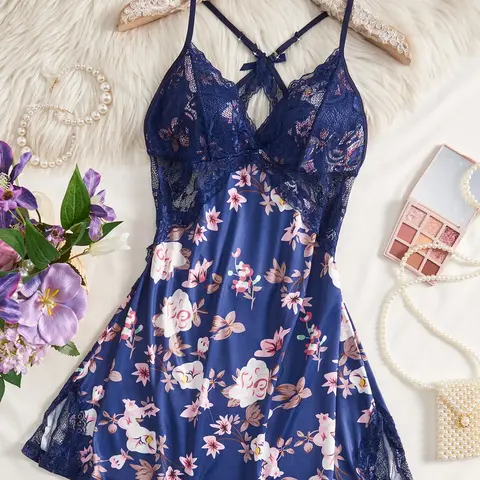 Women's All Over Floral Print Cami Nightdress, Casual Soft Comfortable Fitted Spaghetti Strap Lace Trim Nightgown for Summer, Fashion Ladies' Sleepwear for Daily Wear Womenswear, Nighty Dress, Floral Sleepwear Dresses, Soft Nightwear
