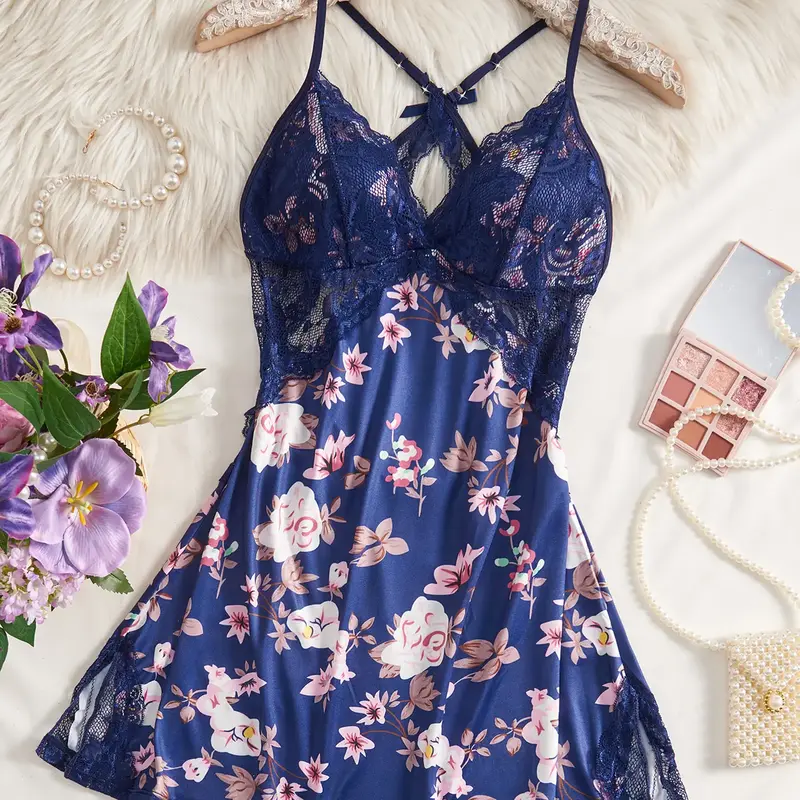Women's All Over Floral Print Cami Nightdress, Casual Soft Comfortable Fitted Spaghetti Strap Lace Trim Nightgown for Summer, Fashion Ladies' Sleepwear for Daily Wear Womenswear, Nighty Dress, Floral Sleepwear Dresses, Soft Nightwear