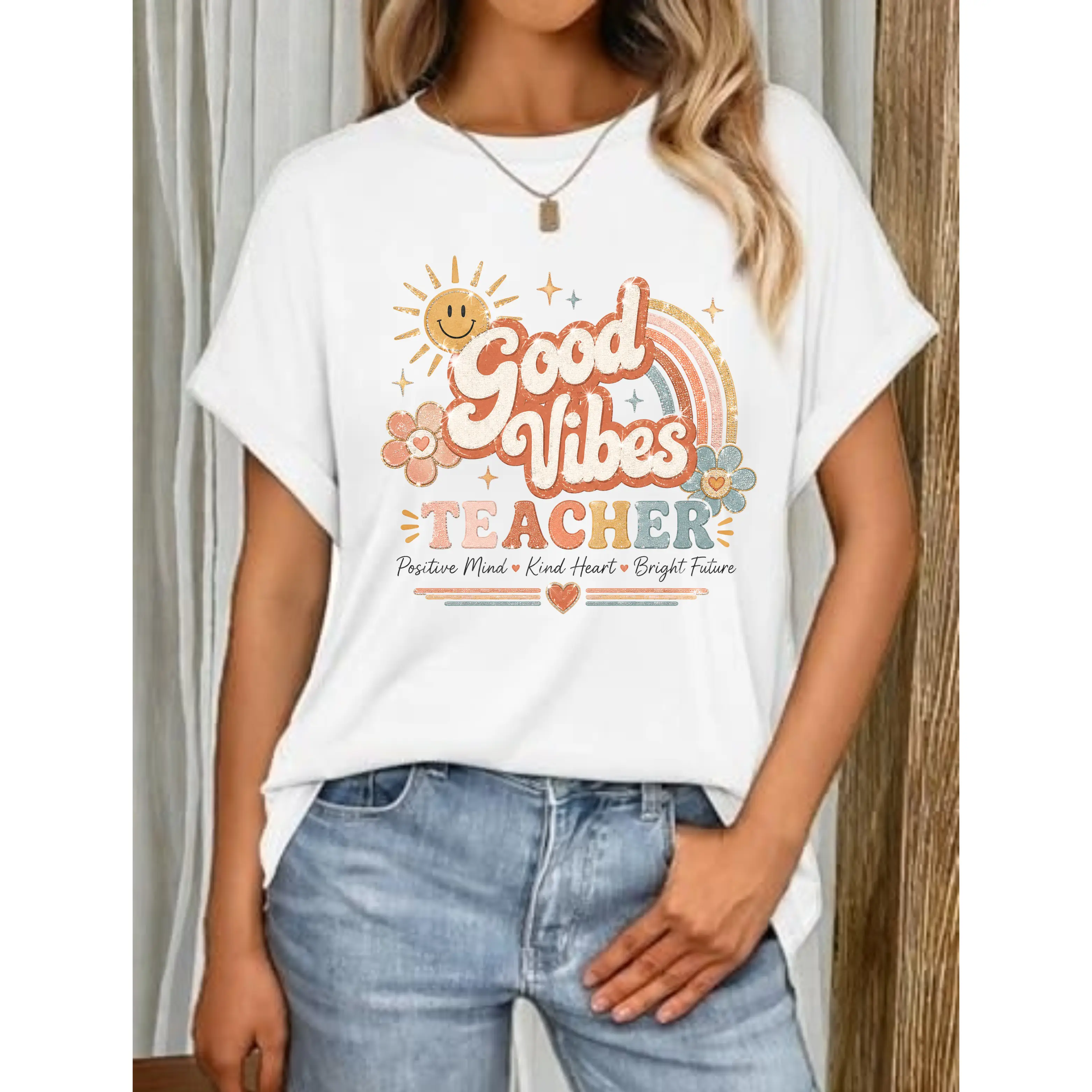 Teacher Vibes Retro Rainbow Bella Canvas T-Shirt