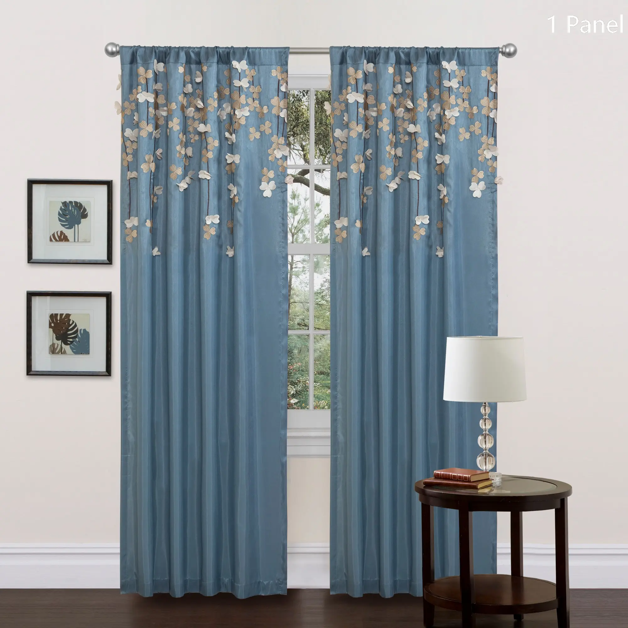 Lush Decor Flower Drops Window Curtain (Single Panel) - Sold Individually - 42''W x 84''/95‘’L Blue Faux Silk Fabric with Leaf Accents & Dramatic Design for Bedrooms & Living Rooms