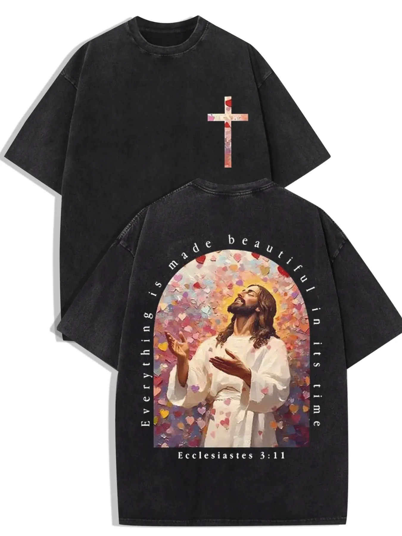 1 PCS Black Washed Oversized 100% Cotton T-Shirt, Front Floral Heart Cross Back Ecclesiastes 3:11 Jesus Oil Painting Double Sided Vintage Graphic Print, Soft Christian Aesthetic Streetwear Tee, Breathable Unisex Top For Faith Believers Daily Casual Outfit