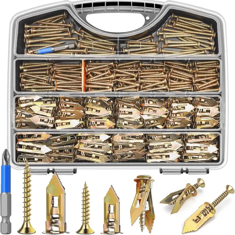 VKKM 591Pcs Self-Drilling Drywall Anchor Kit with Drywall Screws & Wall Mounting Screws - No Pre-Drill, Spring Steel Construction for Gypsum/Hollow Walls, Flat Finish, DIY Use for Cabinets, Mirrors, Picture Frames Drywall Anchors Kit