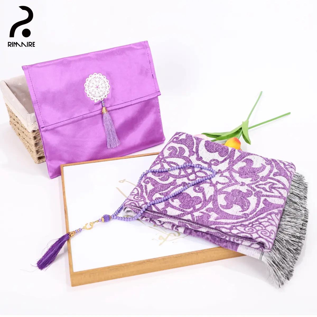RIMAIRE Fashion Muslim Prayer Mats with Gift Bag and Prayer Beads Classic Embroidery Prayer Rug Portable Bag Chiffon
