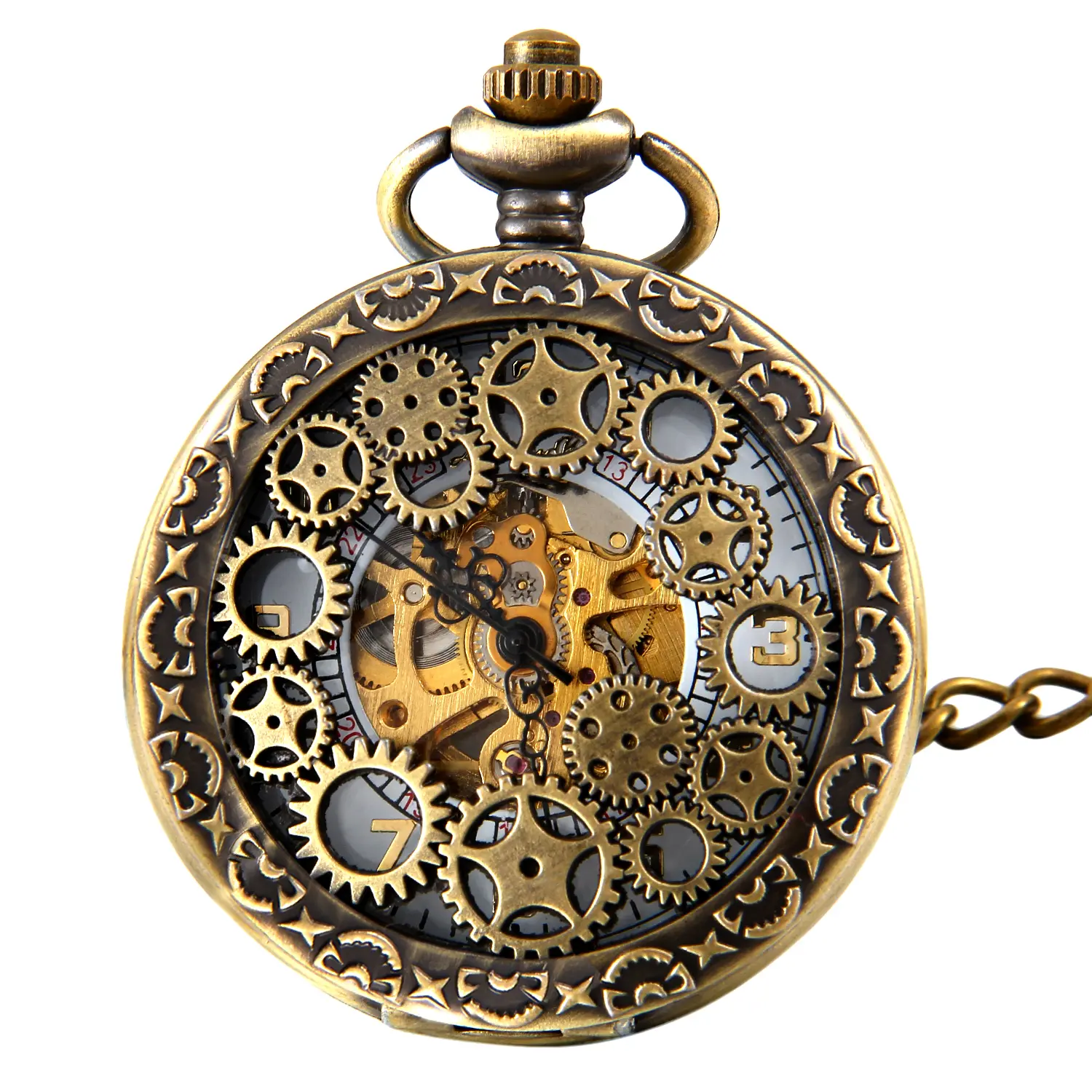 OIDEA Vintage Steampunk Pocket Watch, Bronze Tone Skeleton Design with Engraved Cover, Manual Wind Collectible with Chain for Fans and Cosplay Wear, Antique Pocket & Fob Watches