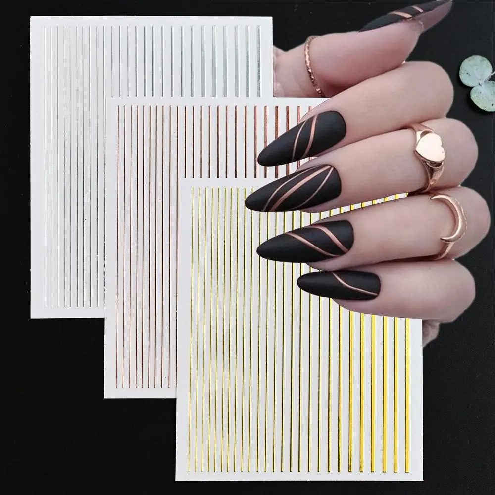 Stripe Lines 3D Nail Sticker Holographic Rose Gold French Metal Effect Liner Adhesive Transfer Decal Manicure Slider Decoration