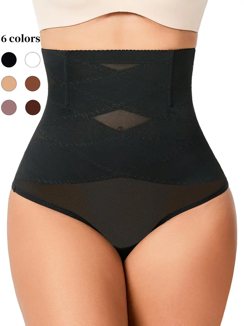 Women's Contrast Mesh Shapewear Thong, Breathable High Waist Shapewear Bottom for Daily Wear, Tummy Control Butt Lifter, Minimalist Basic Underwear, Shapewear Garment, Girdle Highwaist, Black