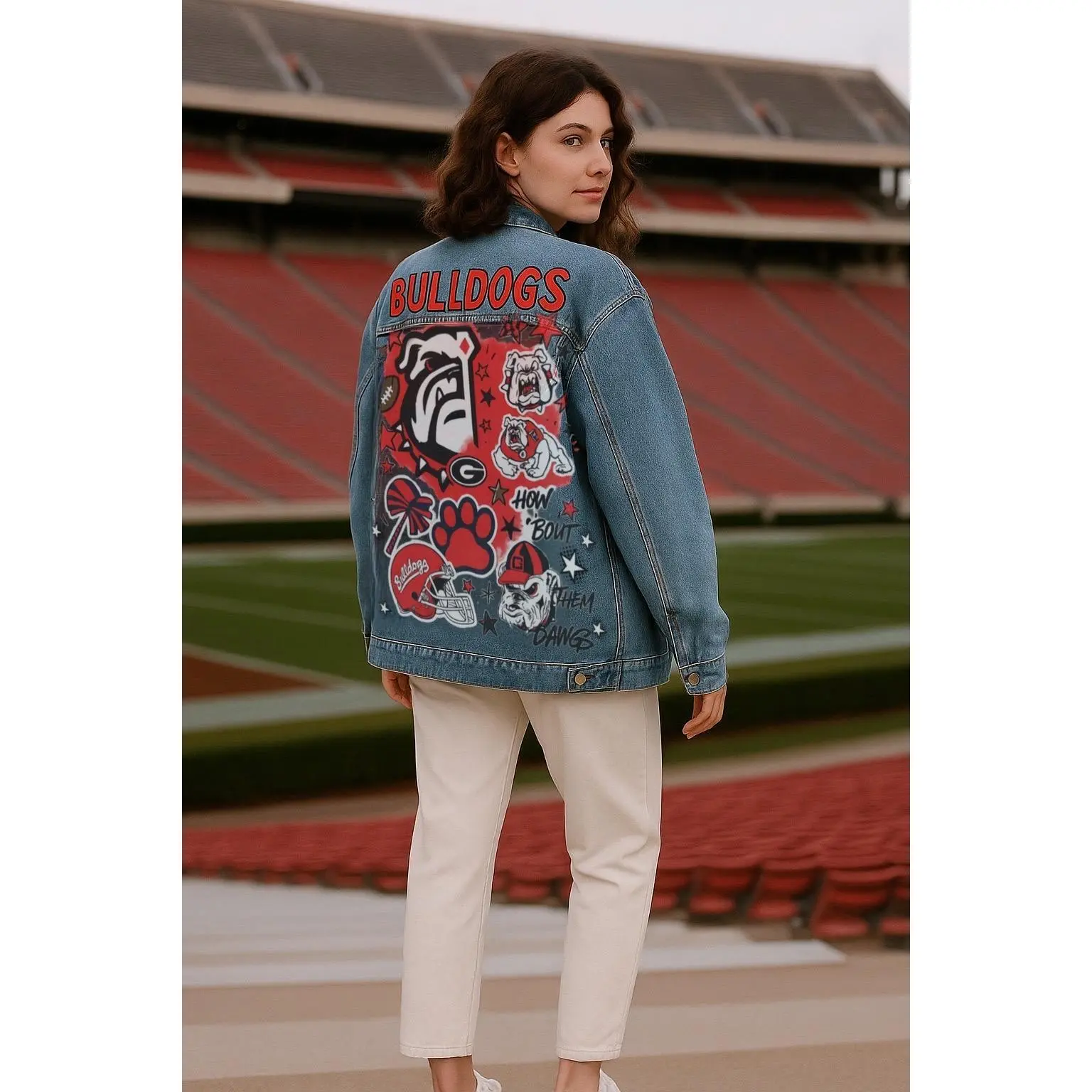 Game Day Fan Gift – Custom Bulldogs Hand-Painted Denim Jacket | Personalized Oversized Team Spirit Jacket| Best Christmas gift