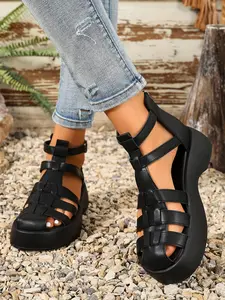 Women's Braided Roman Style Thick Sole Sandals, Open Toe Buckle Platform Shoes, Summer Outdoor High Heel Cage Shoes, Comfortable and Stylish