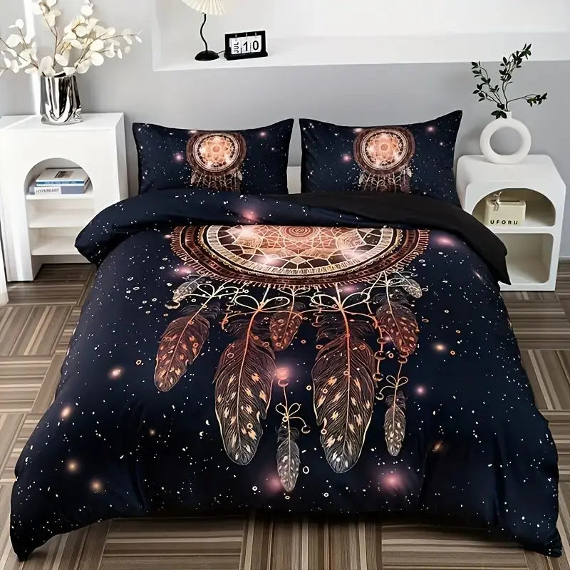 3pcs Dreamcatcher Pattern Quilt Set, Soft Polyester Fabric, Zipper Design, Modern Style Bedding Essentials