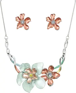 Colorful Five Petal Flower Enamel Blossom Flower Chunky  Bib Statement Necklace and Earrings Set for Women Wedding Bridal Prom
