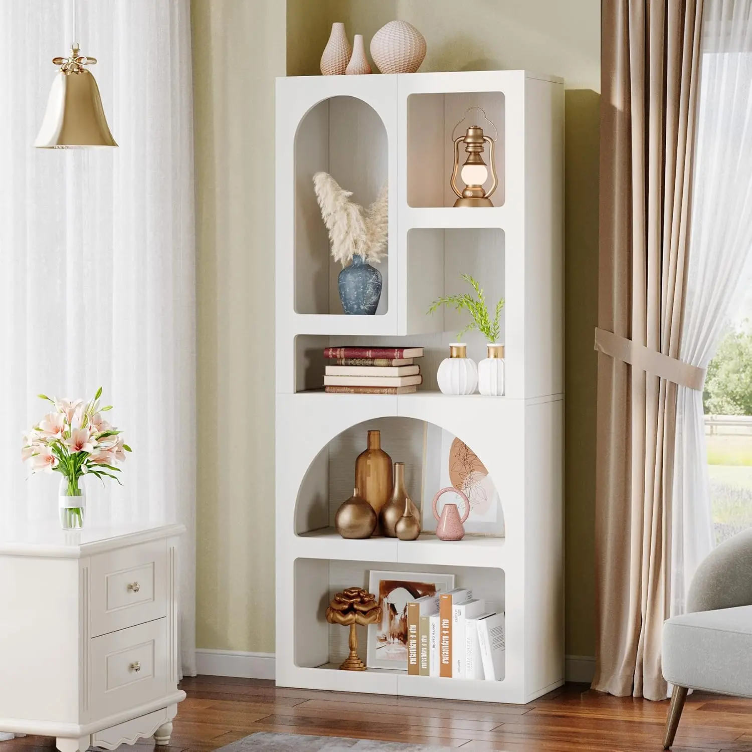 LITTLE TREE 70.87" Tall Geometric Bookshelf, White Arched Bookcase with 5 Irregular Storage Shelves, Modern Open Art Decor Display Shelf Free-Standing for Living Room, Bedroom, Closet