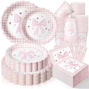 250 Pcs Coquette Birthday Decorations Bow Plates and Napkins Pink Birthday Party Decorations  Bridal Shower Dinnerware Set Serve 50 Disposable Tableware for Wedding